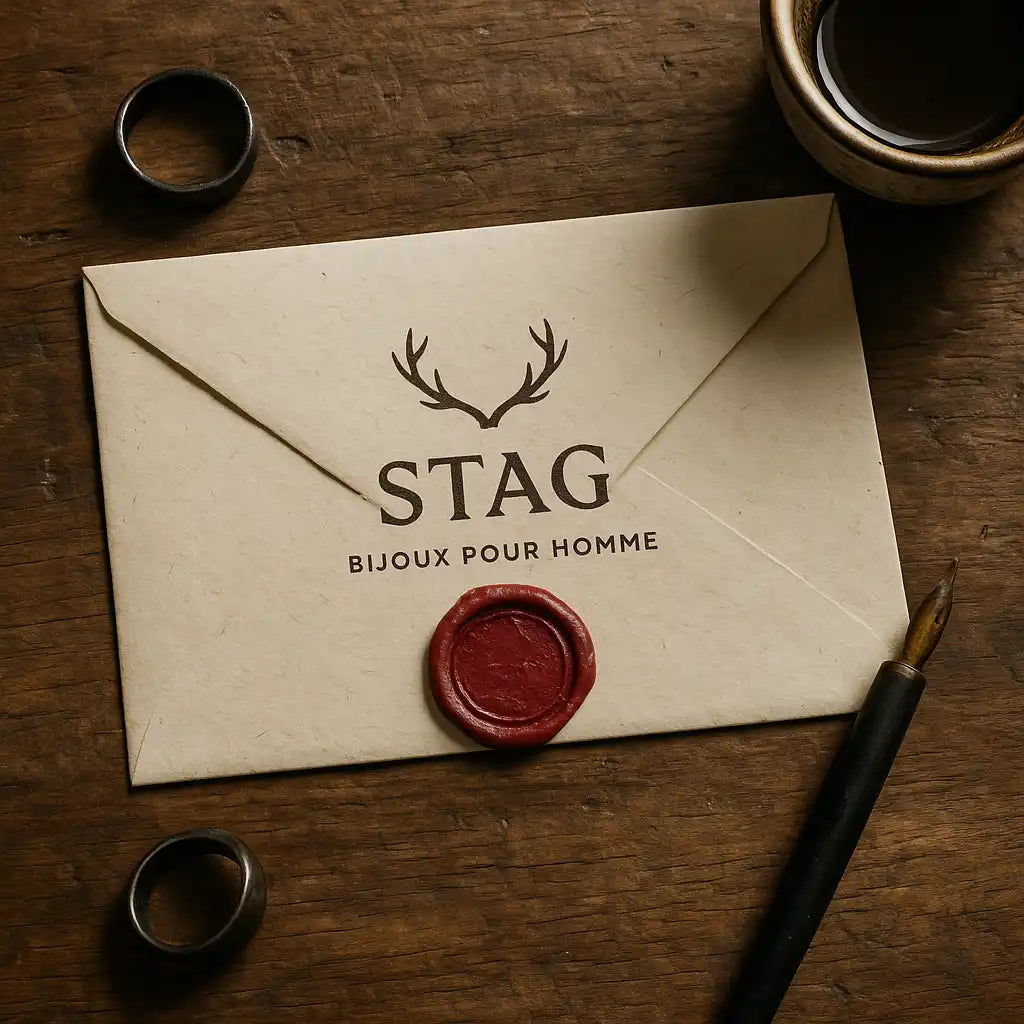 Une élégante enveloppe beige avec un cachet de cire rouge.