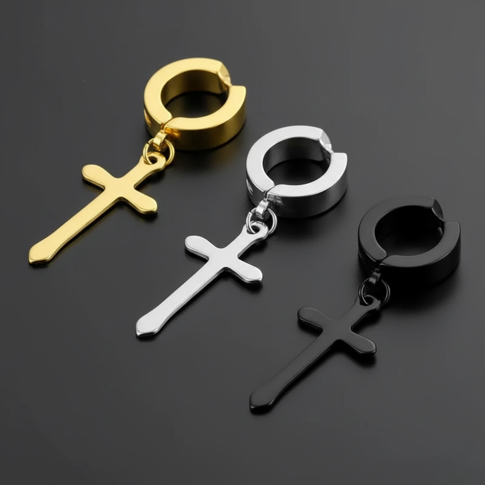 Fausses boucles d’oreilles avec CROIX en ACIER (1 pièce)