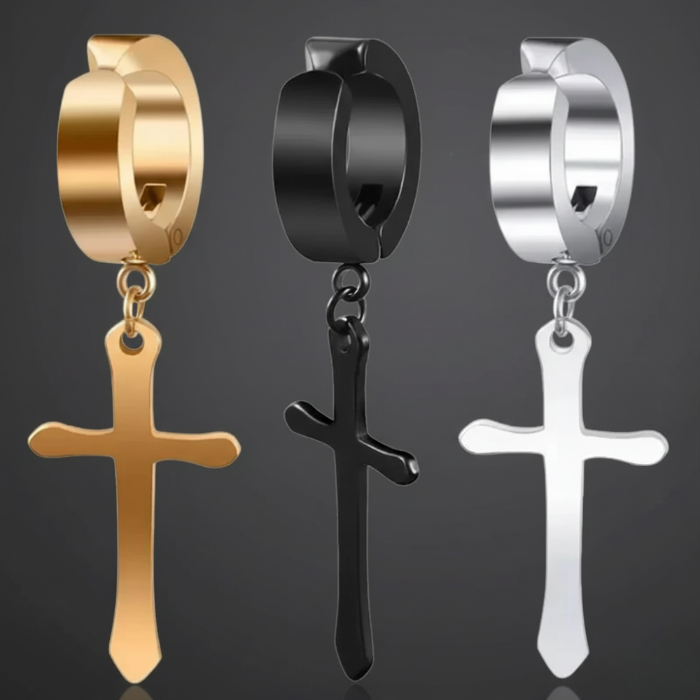 Fausses boucles d’oreilles avec CROIX en ACIER (1 pièce) - Noir