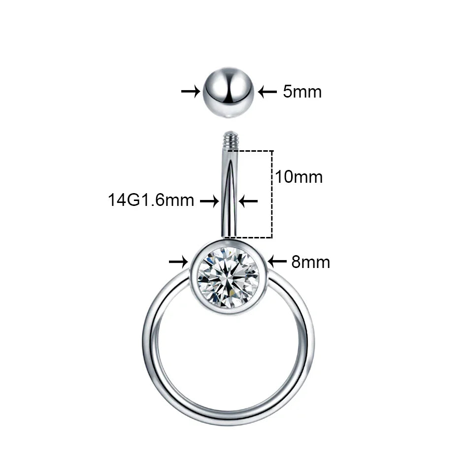 Piercing Nombril avec Boule et Diamant (Acier 316L)