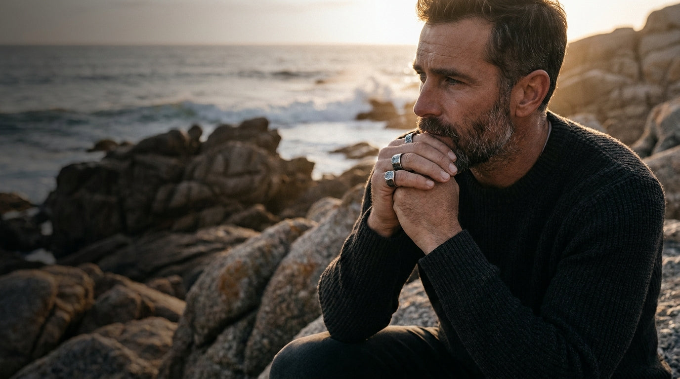 Homme au bord de mer, bagues Stag, lumiere doree